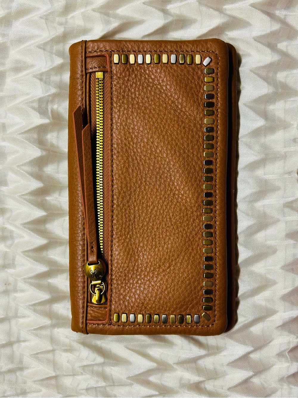 HOBO Cognac Brown Leather Zip Wallet with Gold-Tone Stud Trim